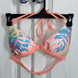 B. Swim Multicolor Push-up Bikini Top - Halter Pink, Blue, Yellow Tropical Print